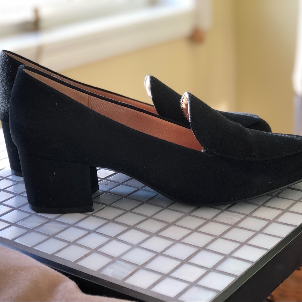 Black Trixie Micro Suede Heeled Loafer. NWOB